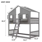 Twin over Twin House Bunk Bed with Roof and Window, Low Height Safety Design