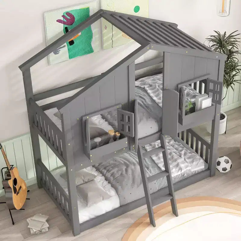 Twin over Twin House Bunk Bed with Roof and Window, Low Height Safety Design
