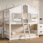 Twin over Twin House Bunk Bed with Roof and Window, Low Height Safety Design