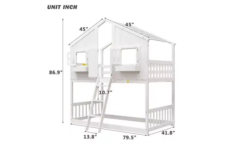 Twin over Twin House Bunk Bed with Roof and Window, Low Height Safety Design