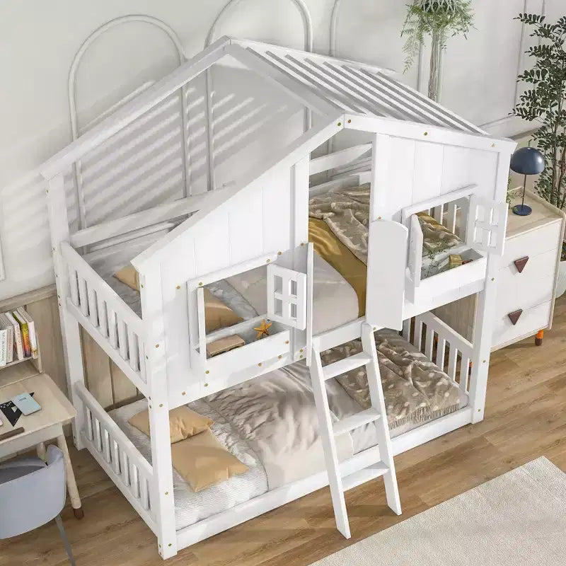 Twin over Twin House Bunk Bed with Roof and Window, Low Height Safety Design