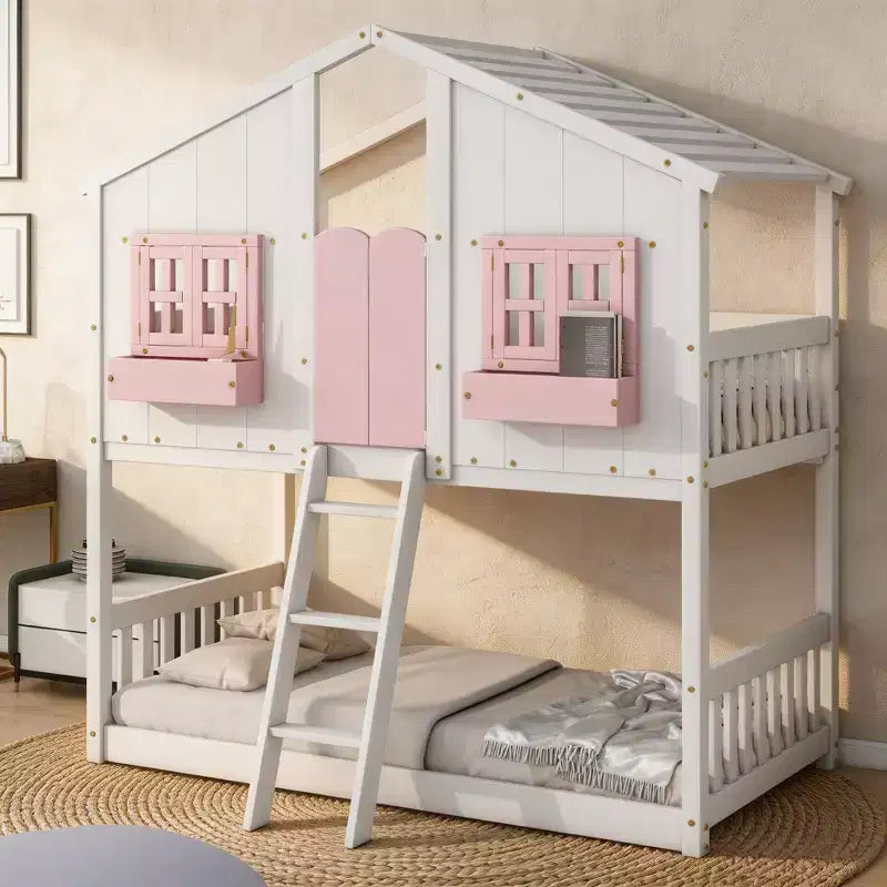 Twin over Twin House Bunk Bed with Roof and Window, Low Height Safety Design