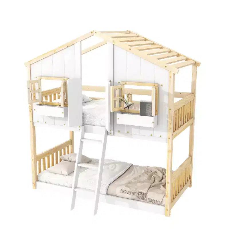 Twin over Twin House Bunk Bed with Roof and Window, Low Height Safety Design