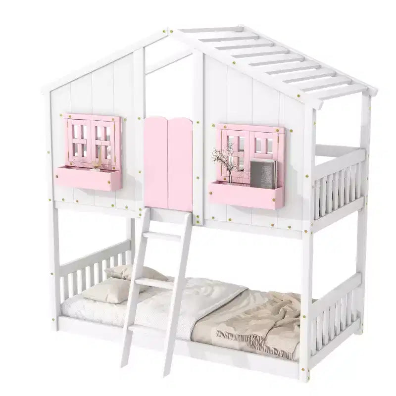 Twin over Twin House Bunk Bed with Roof and Window, Low Height Safety Design