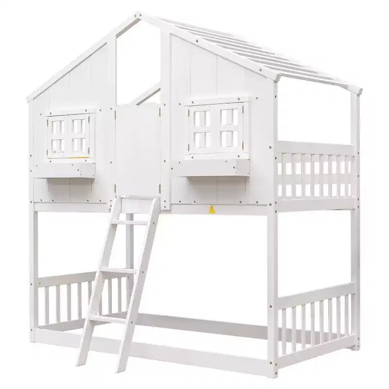 Twin over Twin House Bunk Bed with Roof and Window, Low Height Safety Design