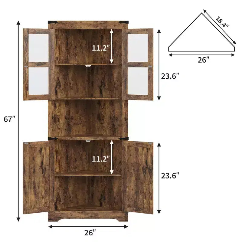 66.9" Tall Corner Storage Cabinet with Glass Door and Adjustable Shelves