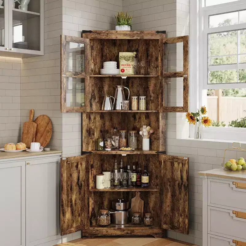 66.9" Tall Corner Storage Cabinet with Glass Door and Adjustable Shelves