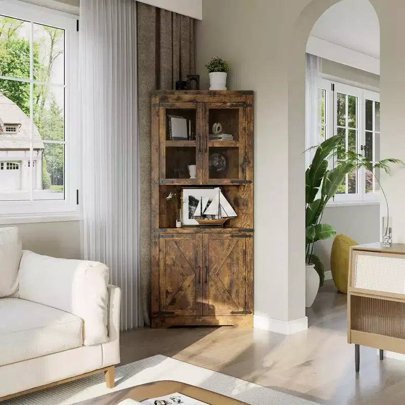 66.9" Tall Corner Storage Cabinet with Glass Door and Adjustable Shelves