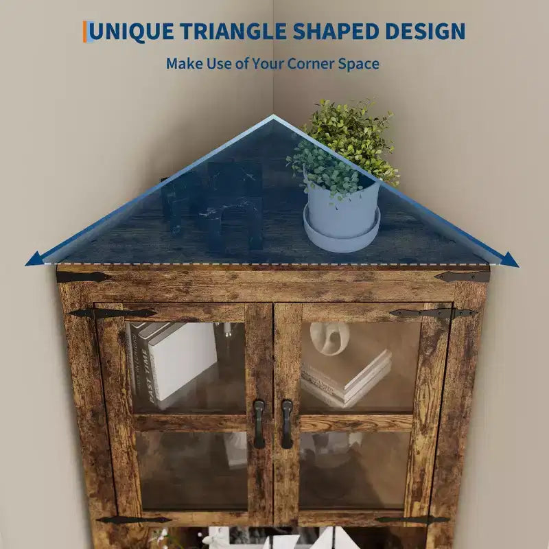 66.9" Tall Corner Storage Cabinet with Glass Door and Adjustable Shelves