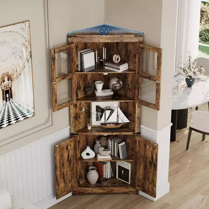 66.9" Tall Corner Storage Cabinet with Glass Door and Adjustable Shelves