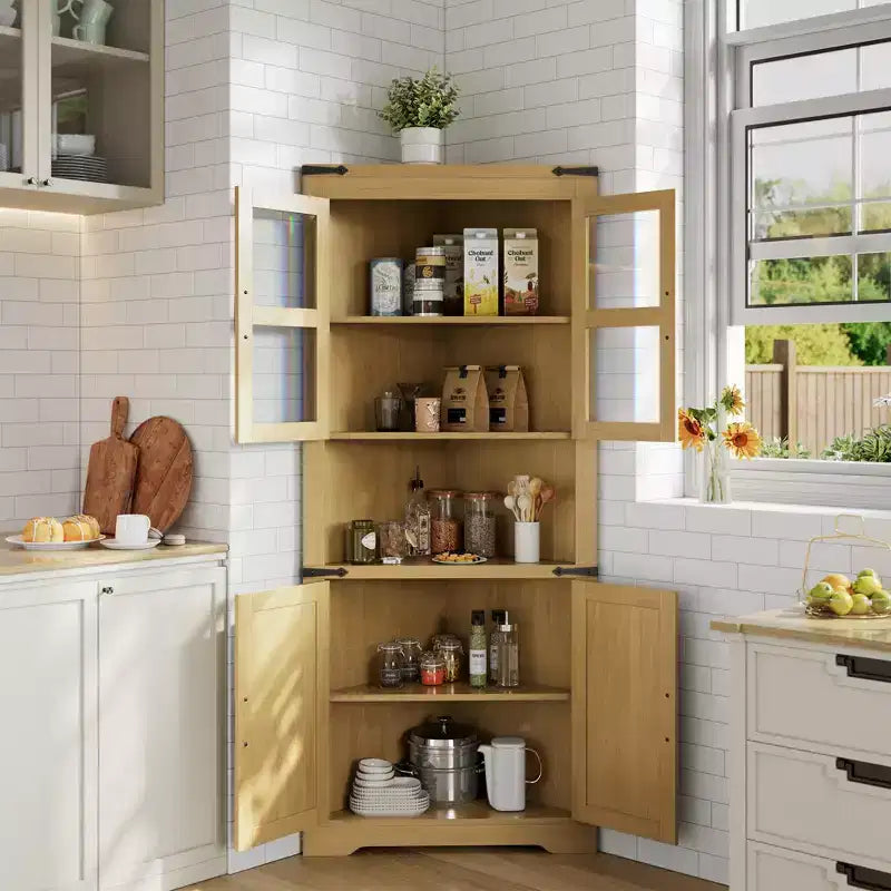 66.9" Tall Corner Storage Cabinet with Glass Door and Adjustable Shelves