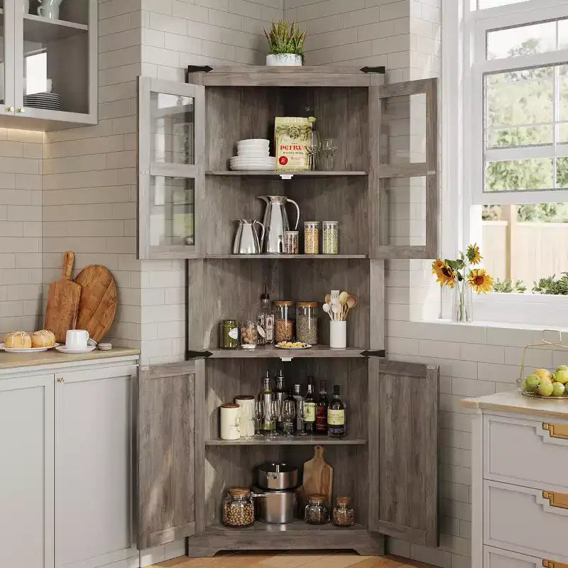 66.9" Tall Corner Storage Cabinet with Glass Door and Adjustable Shelves
