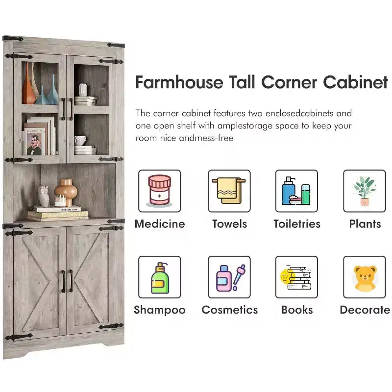 66.9" Tall Corner Storage Cabinet with Glass Door and Adjustable Shelves