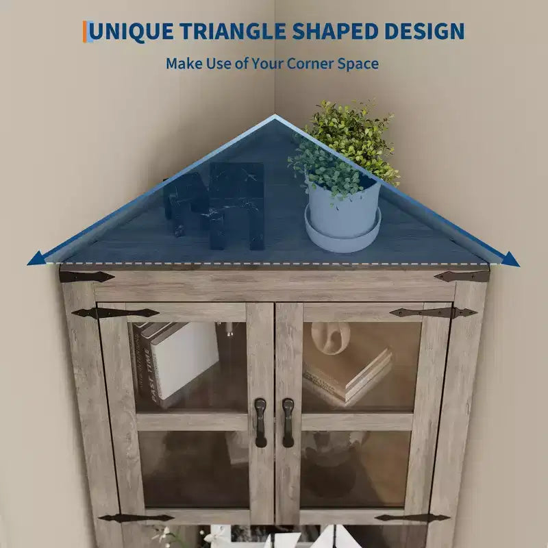 66.9" Tall Corner Storage Cabinet with Glass Door and Adjustable Shelves