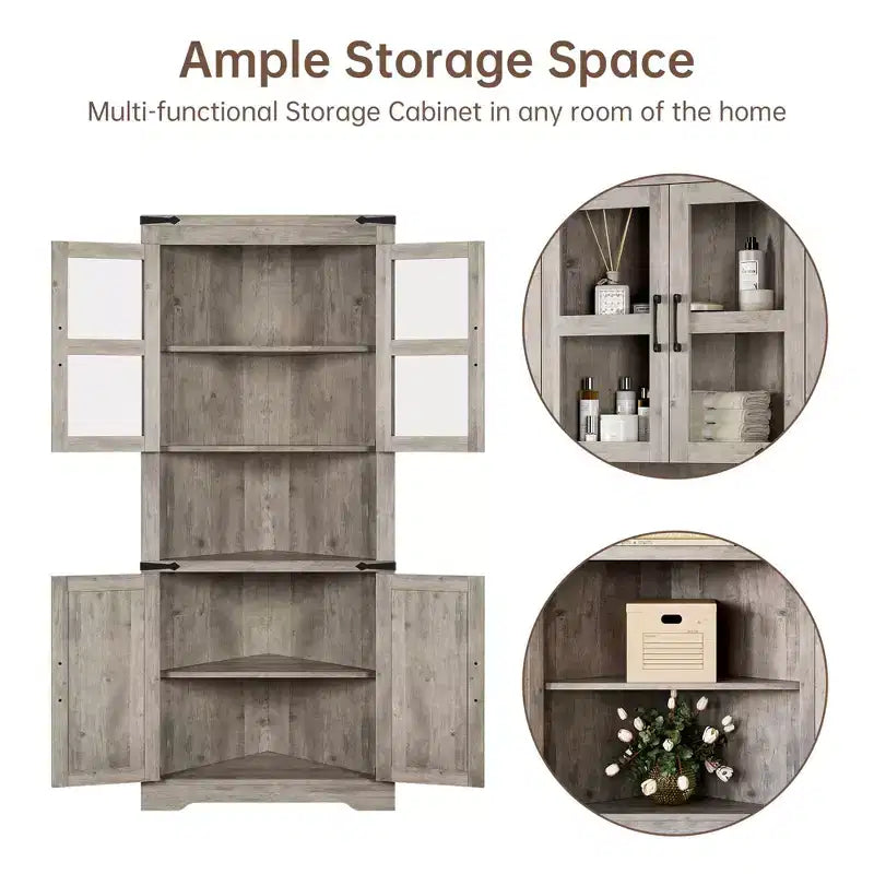 66.9" Tall Corner Storage Cabinet with Glass Door and Adjustable Shelves