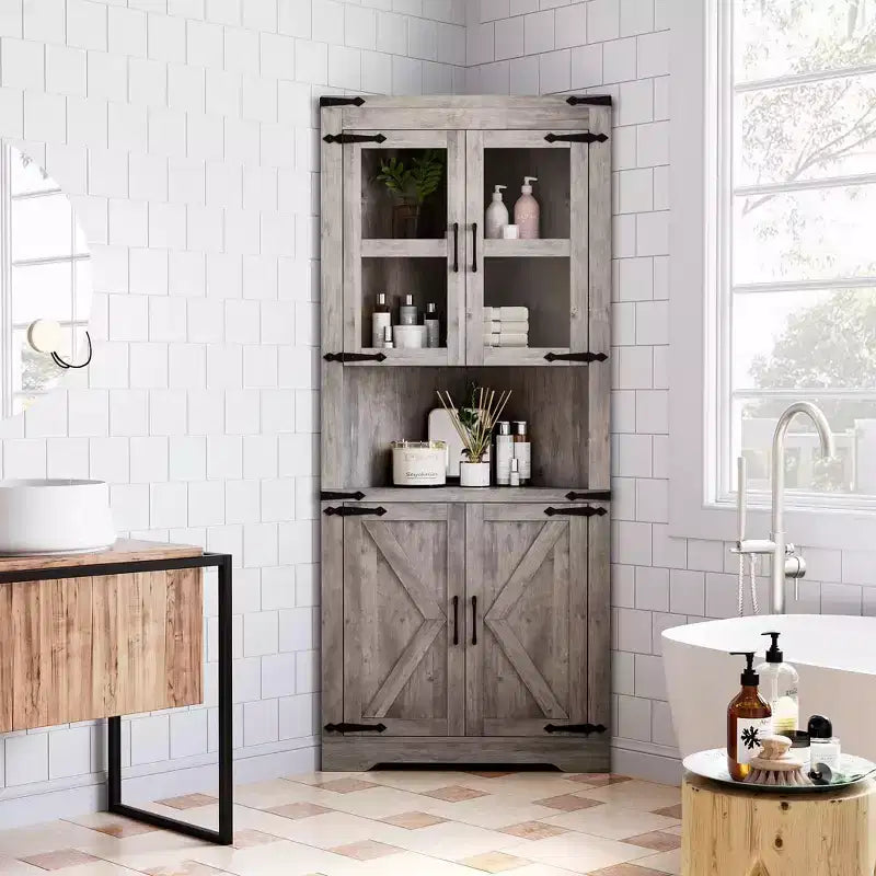 66.9" Tall Corner Storage Cabinet with Glass Door and Adjustable Shelves