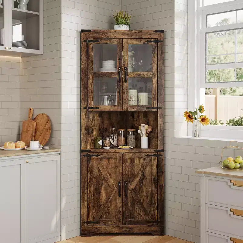66.9" Tall Corner Storage Cabinet with Glass Door and Adjustable Shelves