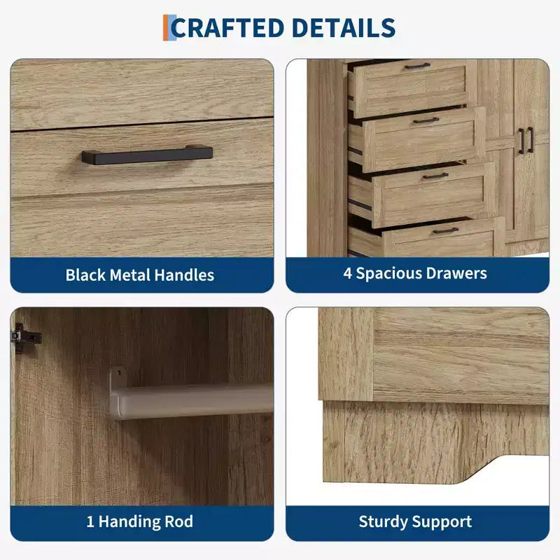 43.3" Freestanding Wardrobe Cabinet with Hanging Rod and 4 Drawers