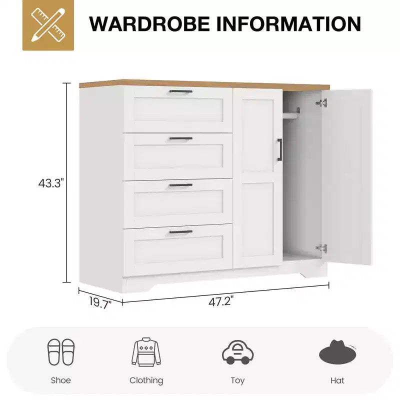 43.3" Freestanding Wardrobe Cabinet with Hanging Rod and 4 Drawers