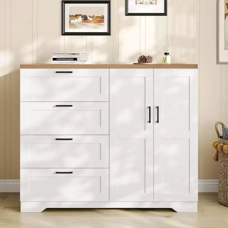 43.3" Freestanding Wardrobe Cabinet with Hanging Rod and 4 Drawers