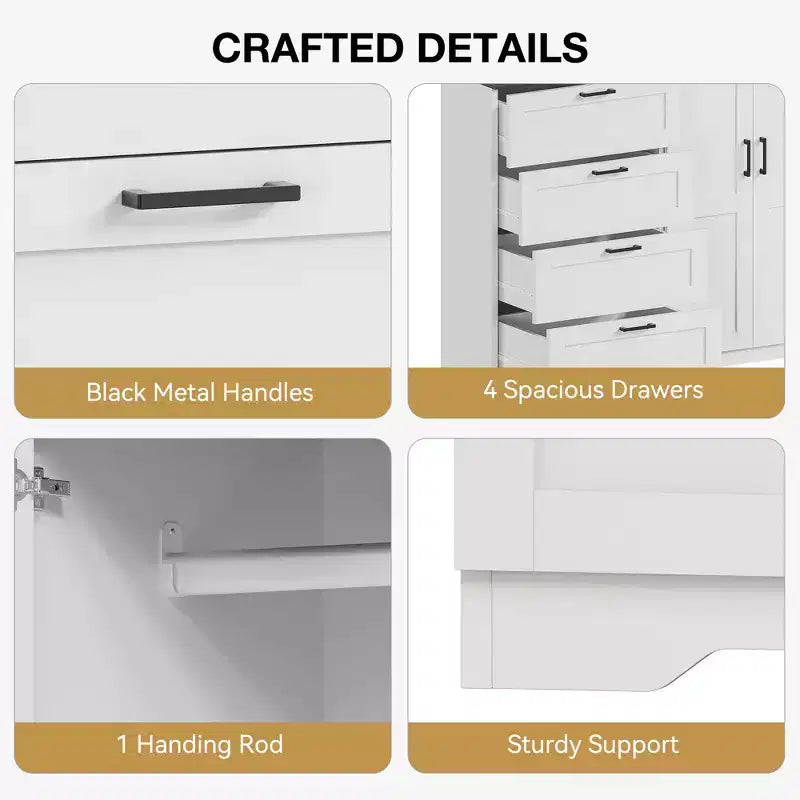 43.3" Freestanding Wardrobe Cabinet with Hanging Rod and 4 Drawers