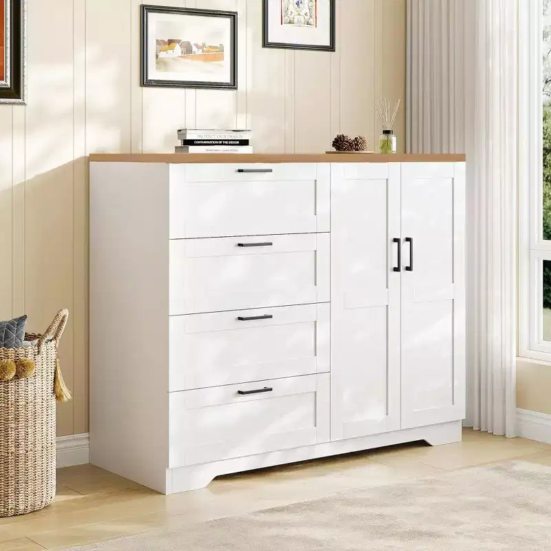 43.3" Freestanding Wardrobe Cabinet with Hanging Rod and 4 Drawers