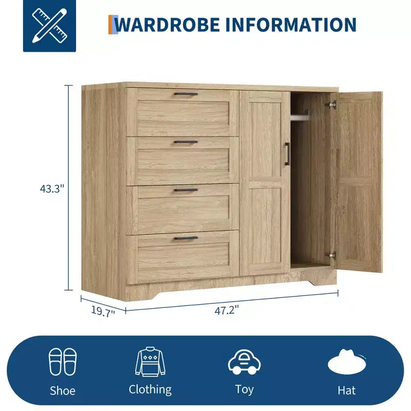 43.3" Freestanding Wardrobe Cabinet with Hanging Rod and 4 Drawers