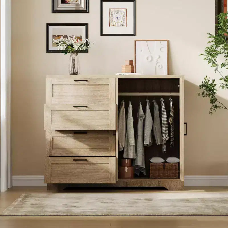 43.3" Freestanding Wardrobe Cabinet with Hanging Rod and 4 Drawers