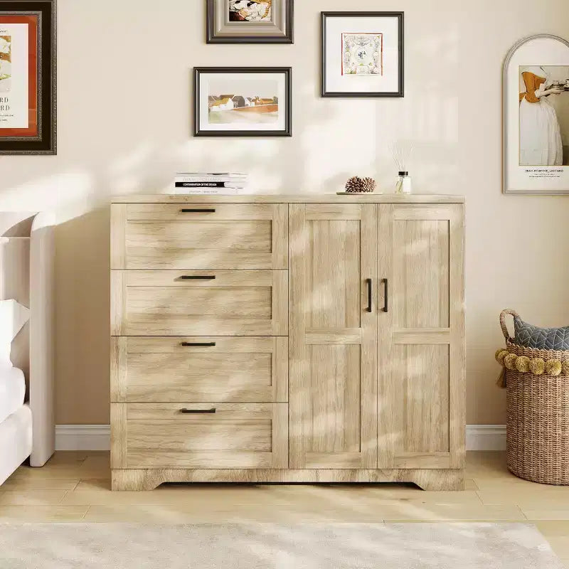 43.3" Freestanding Wardrobe Cabinet with Hanging Rod and 4 Drawers