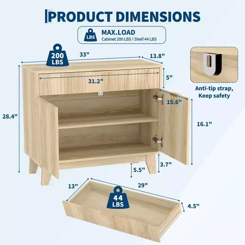Fluted Sideboard Buffet Cabinet with Adjustable Shelf and Drawer