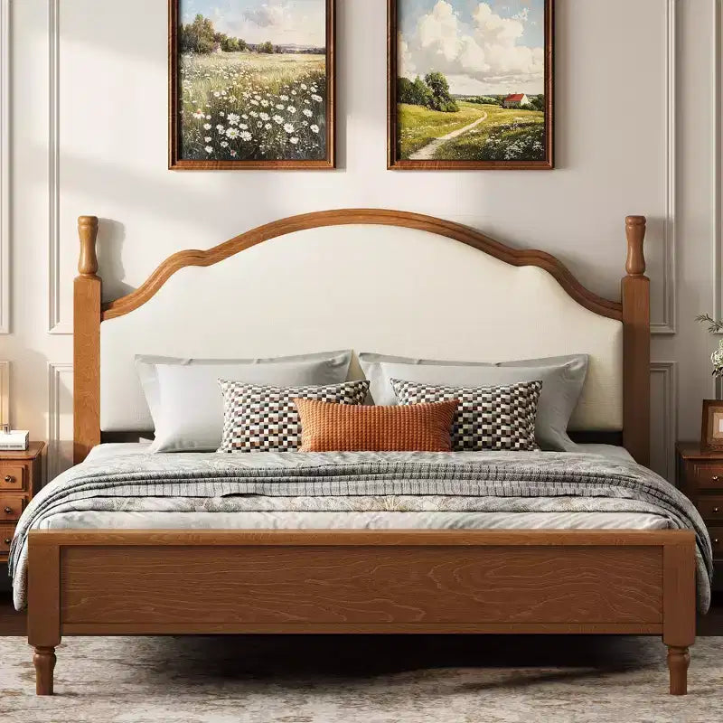 Wood Platform Bed with Upholstered Headboard