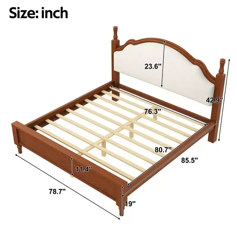 Wood Platform Bed with Upholstered Headboard