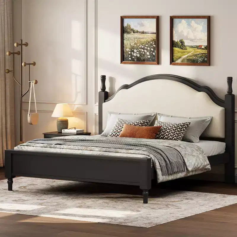Wood Platform Bed with Upholstered Headboard
