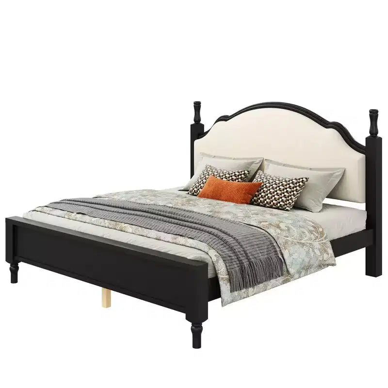 Wood Platform Bed with Upholstered Headboard