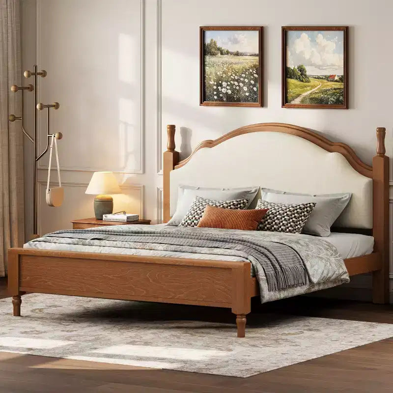 Wood Platform Bed with Upholstered Headboard