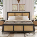 Queen Size Bed Frame with Headboard Bohemian Rattan Platform Bed Frame with Strong Metal Slats Support No Box Spring Needed Noise-Free Design, Black