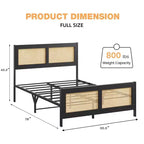 Queen Size Bohemian Rattan Platform Bed Frame with Metal Slats, No Box Spring Needed, Black