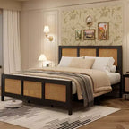 Queen Size Bohemian Rattan Platform Bed Frame with Metal Slats, No Box Spring Needed, Black