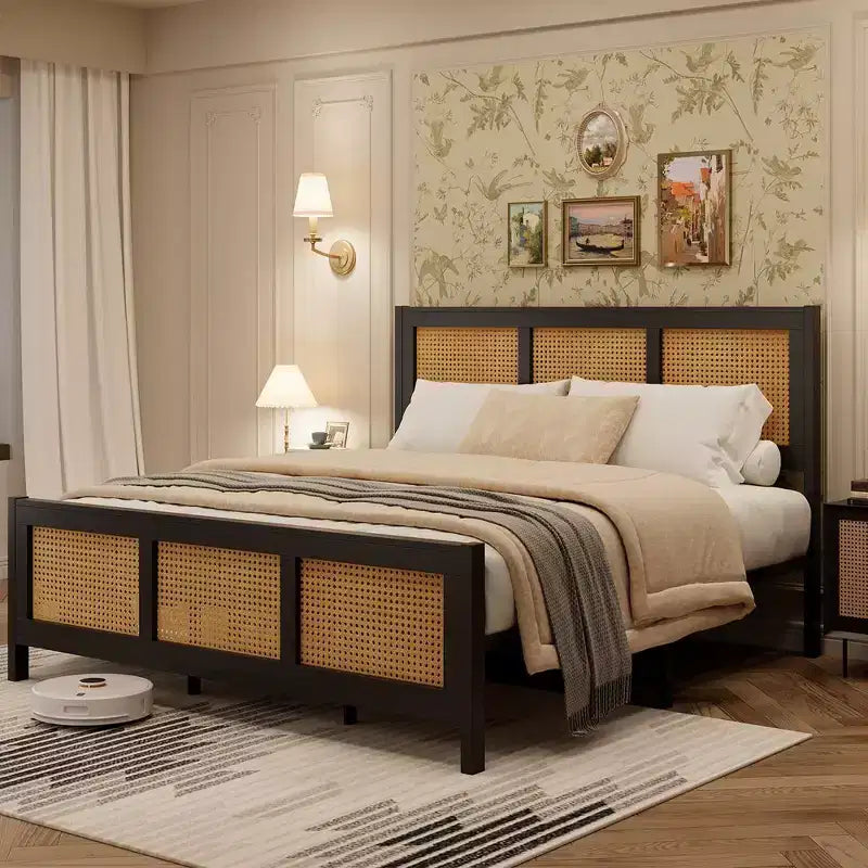 Queen Size Bohemian Rattan Platform Bed Frame with Metal Slats, No Box Spring Needed, Black
