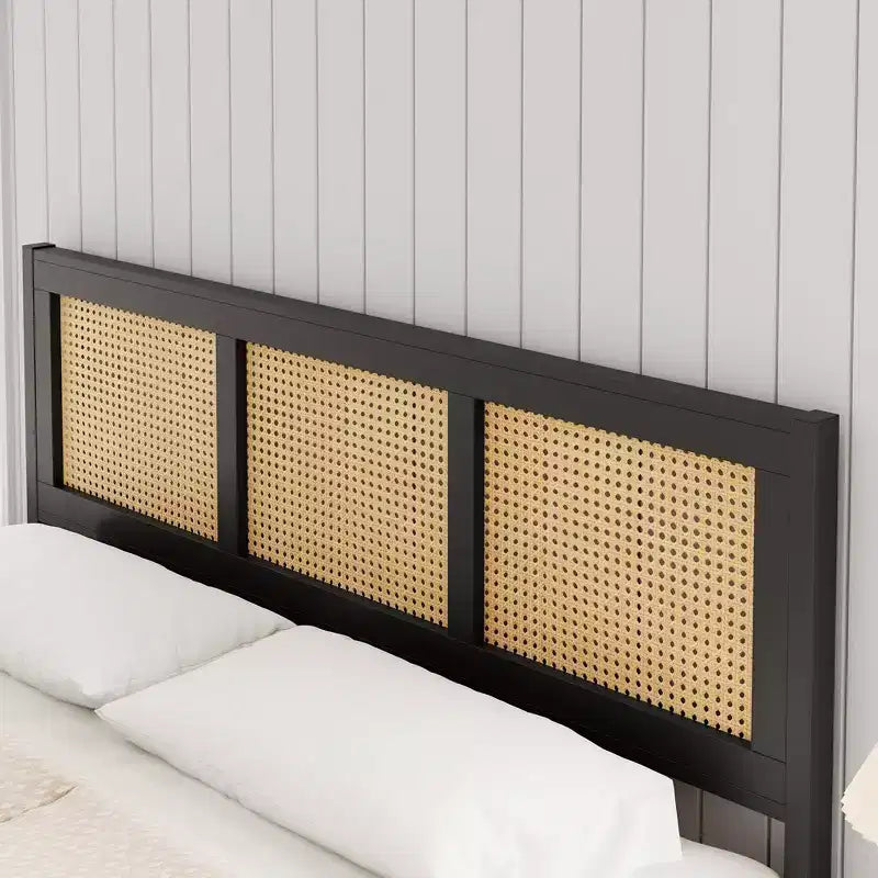 Queen Size Bohemian Rattan Platform Bed Frame with Metal Slats, No Box Spring Needed, Black