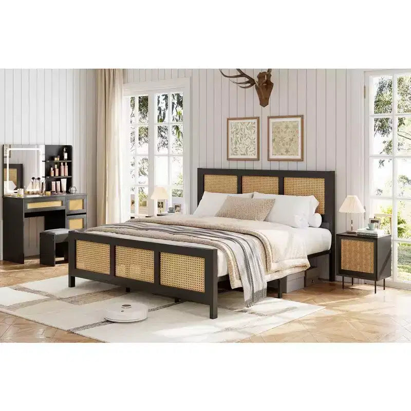 Queen Size Bohemian Rattan Platform Bed Frame with Metal Slats, No Box Spring Needed, Black