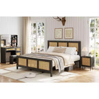 Queen Size Bohemian Rattan Platform Bed Frame with Metal Slats, No Box Spring Needed, Black