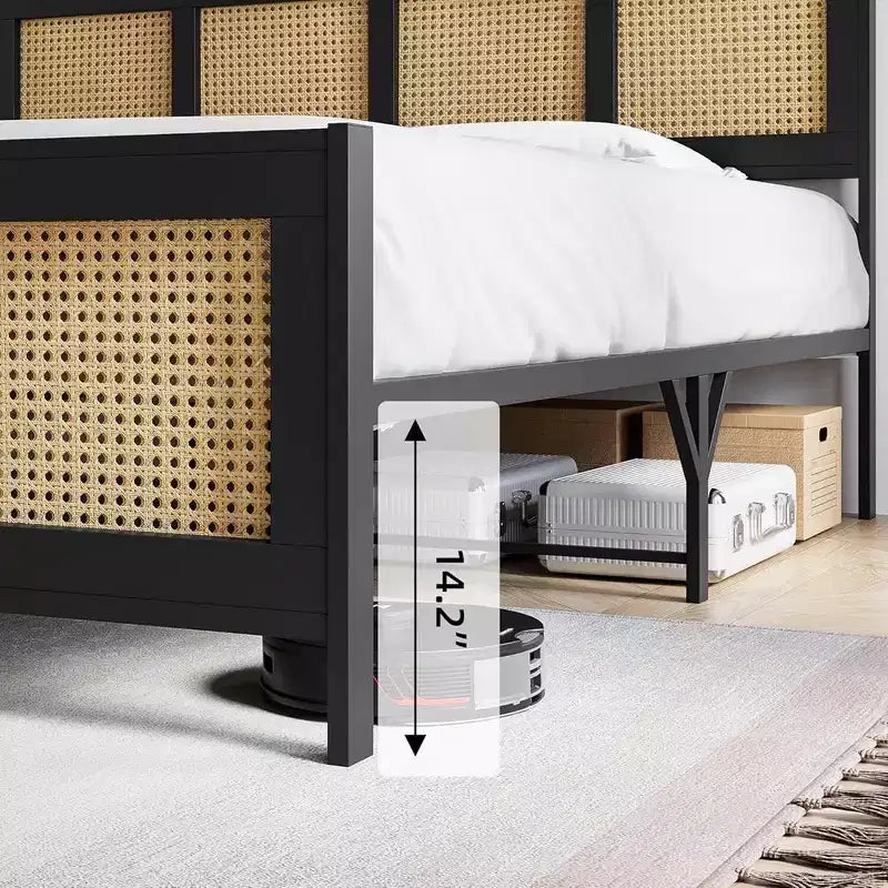 Queen Size Bohemian Rattan Platform Bed Frame with Metal Slats, No Box Spring Needed, Black