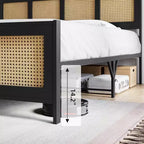 Queen Size Bohemian Rattan Platform Bed Frame with Metal Slats, No Box Spring Needed, Black