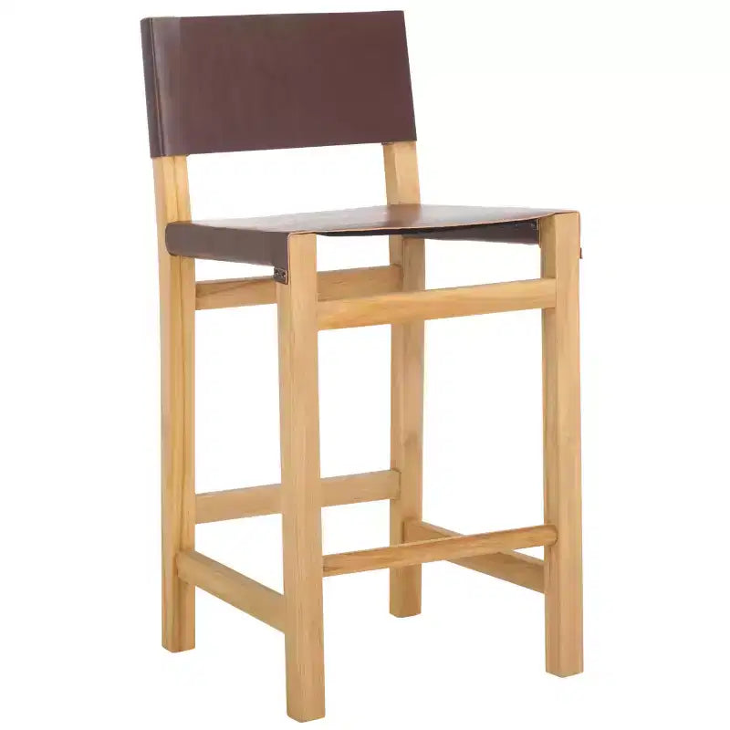 Teak & Leather Counter Stool with Low Back