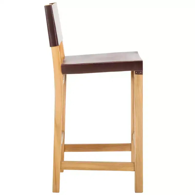 Teak & Leather Counter Stool with Low Back
