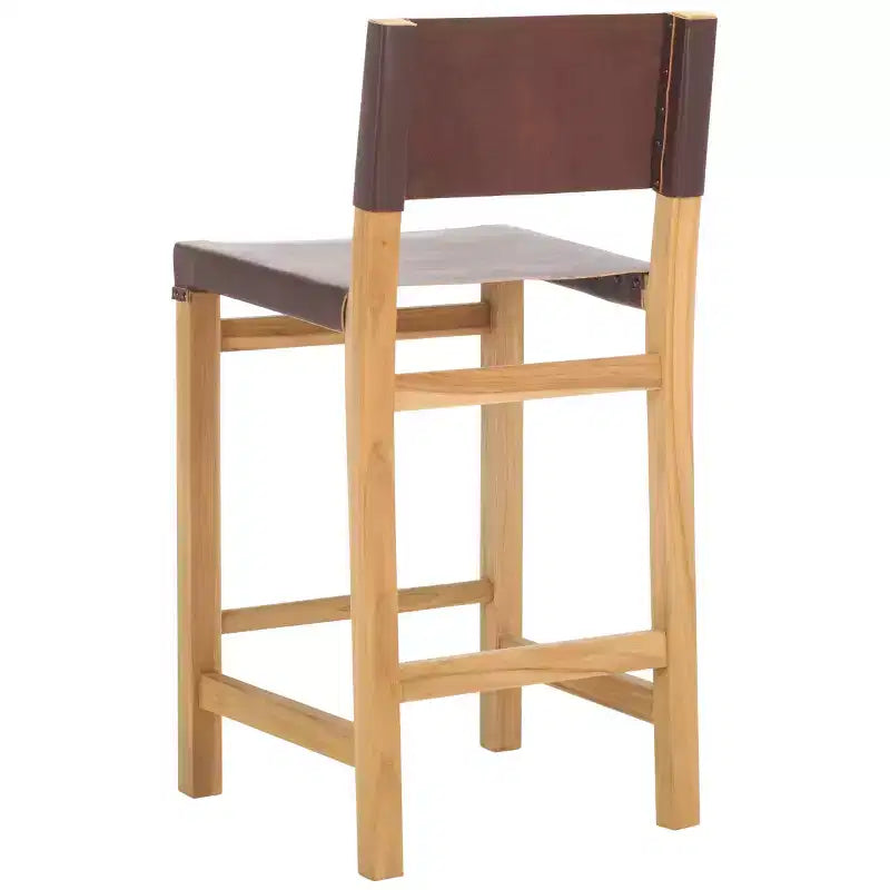 Teak & Leather Counter Stool with Low Back
