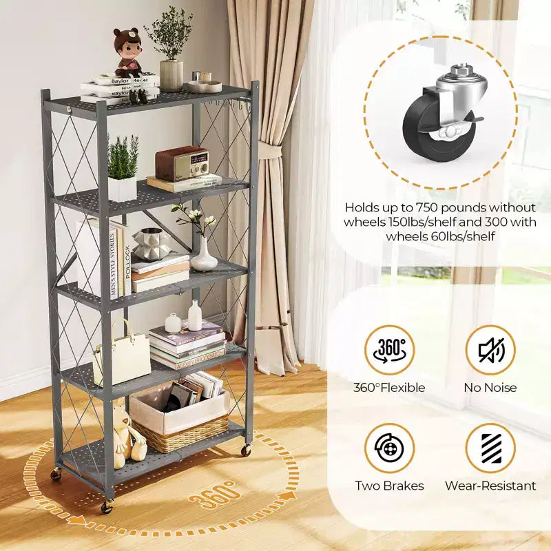 5-Shelf Foldable Metal Storage Shelving Unit Collapsible Wire Rack Organizer for Garage Kitchen Pantry 63 Inch