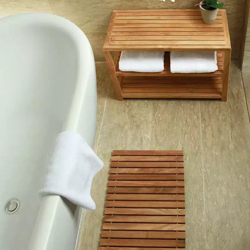 Solid Wood Shower Bench with Storage Shelf