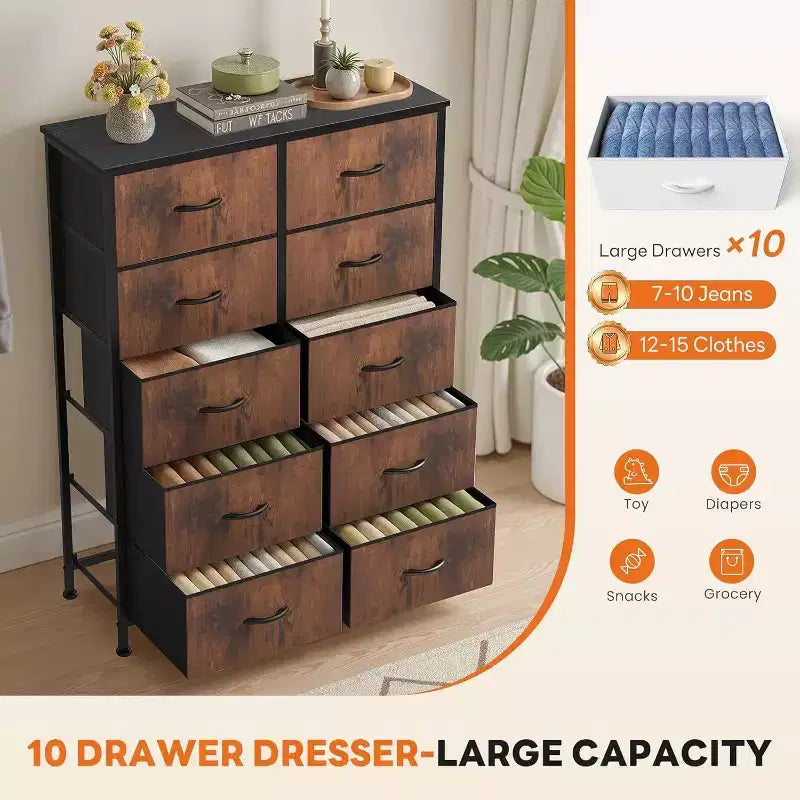 10-Drawer Vertical Dresser with Steel Frame – 31.4" Wide Fabric Storage Chest